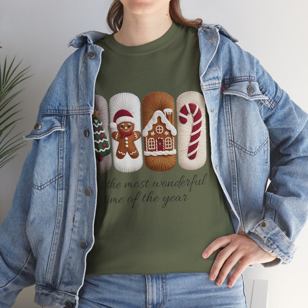 Christmas Faux-Yarn Tree Tee — Gingerbread House & Candy Cane Holiday Unisex Cotton T-Shirt