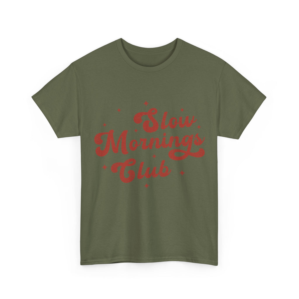 Slow Mornings Club T-Shirt — Retro Red Sparkle Unisex Cotton Tee