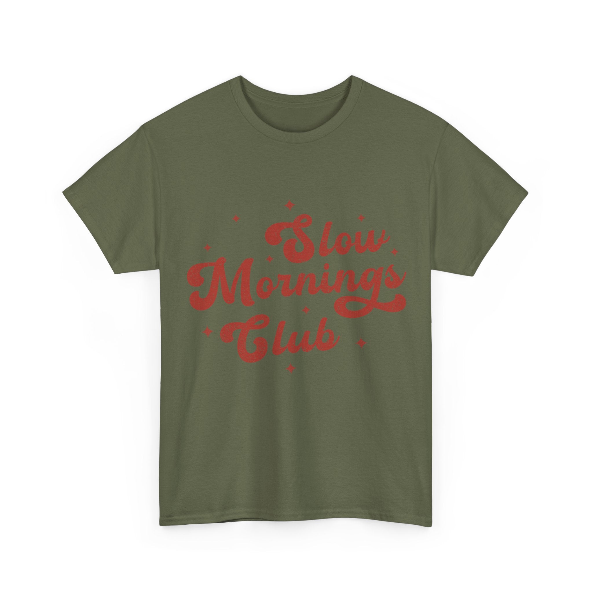 Slow Mornings Club T-Shirt — Retro Red Sparkle Unisex Cotton Tee