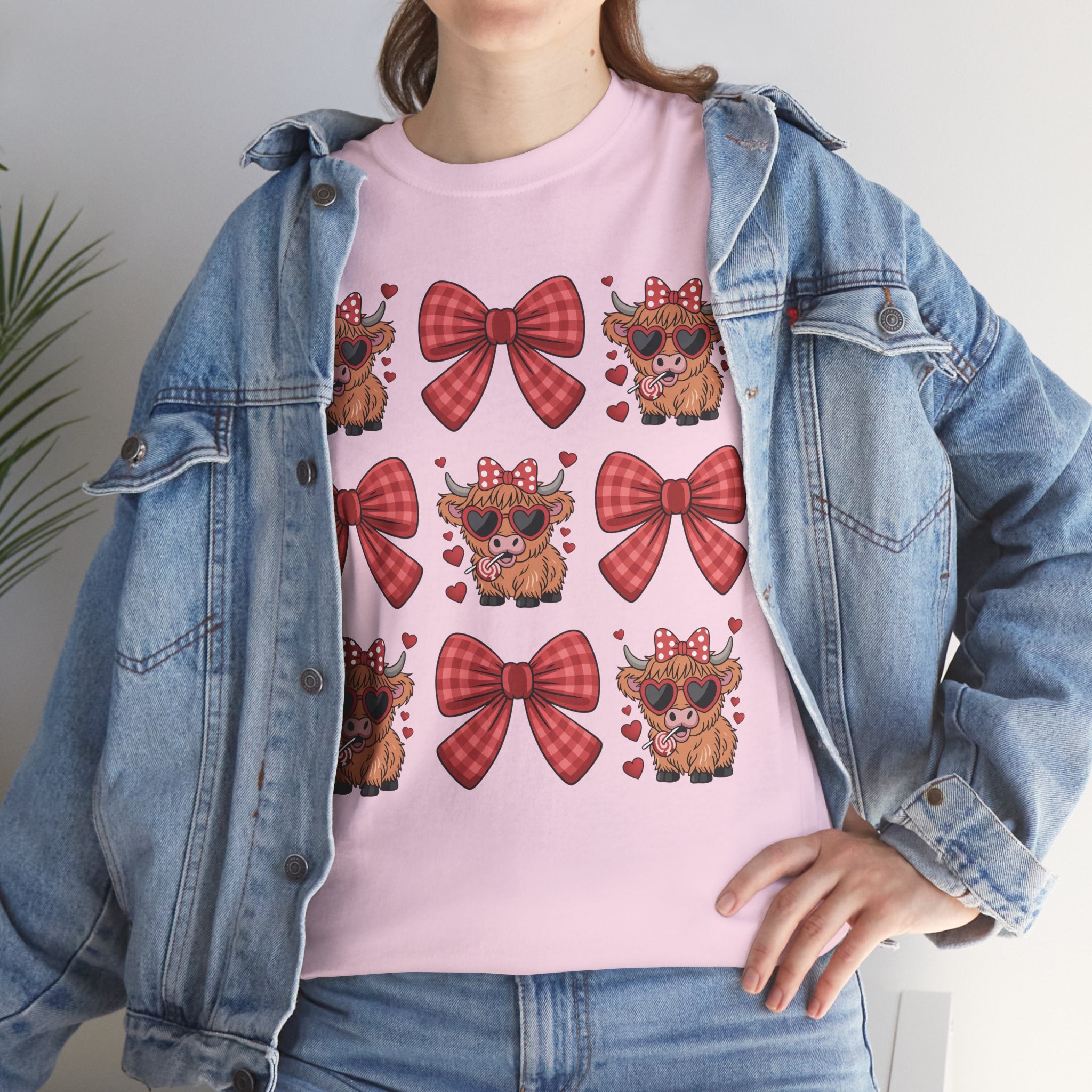 Valentine Cow Checkered Tee — Fluffy Cows with Heart Sunglasses & Red Bows..Unisex Cotton Tee