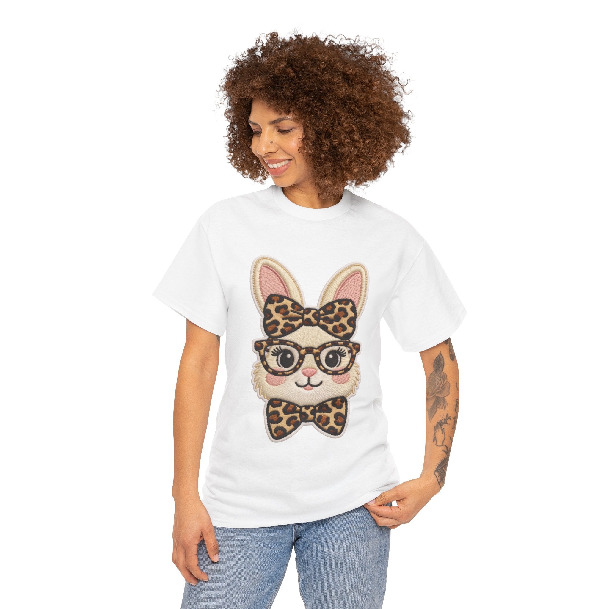 Leopard Bow Bunny Embroidered Tee — Cute Bunny Face with Glasses Patch Unisex Cotton Tee