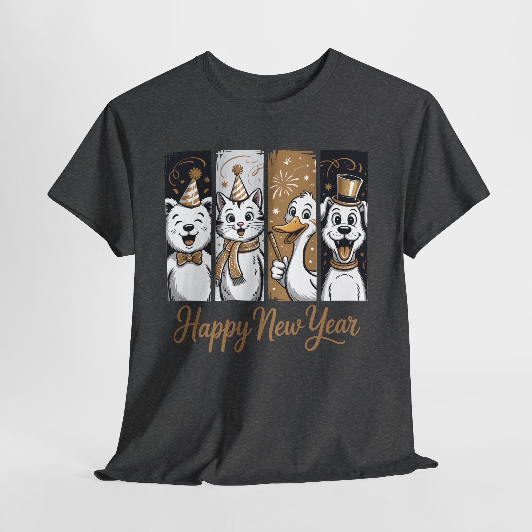 Happy New Year Party Animals T-Shirt — Cute Smiling Animals in Party Hats & Gold Fireworks..Unisex Cotton Tee
