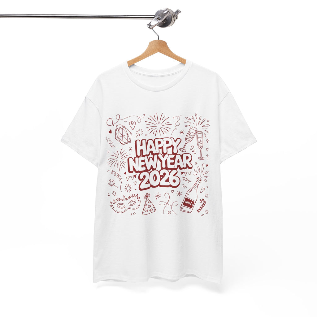 Happy New Year 2026 Doodle T-Shirt — Pink Party Icons & Champagne Unisex Cotton Tee