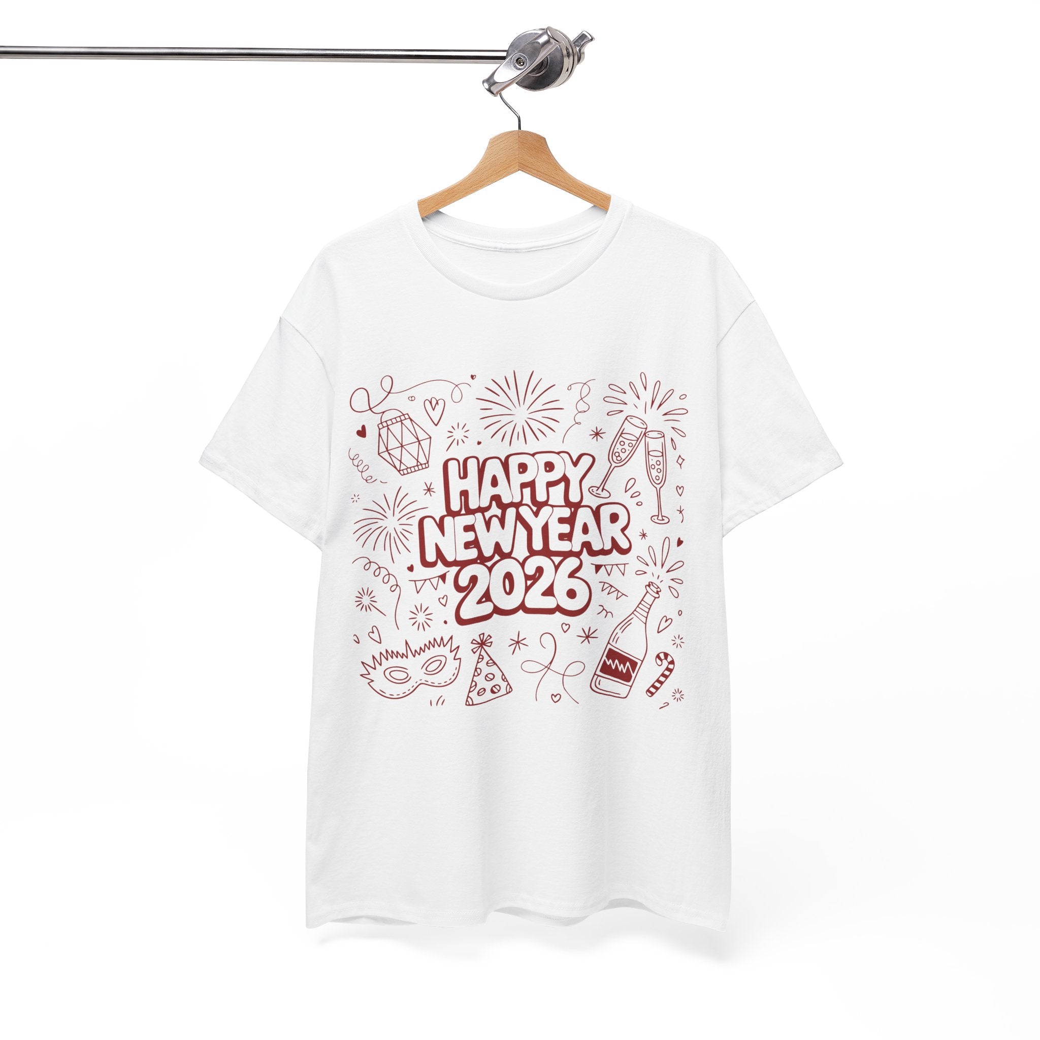 Happy New Year 2026 Doodle T-Shirt — Pink Party Icons & Champagne Unisex Cotton Tee