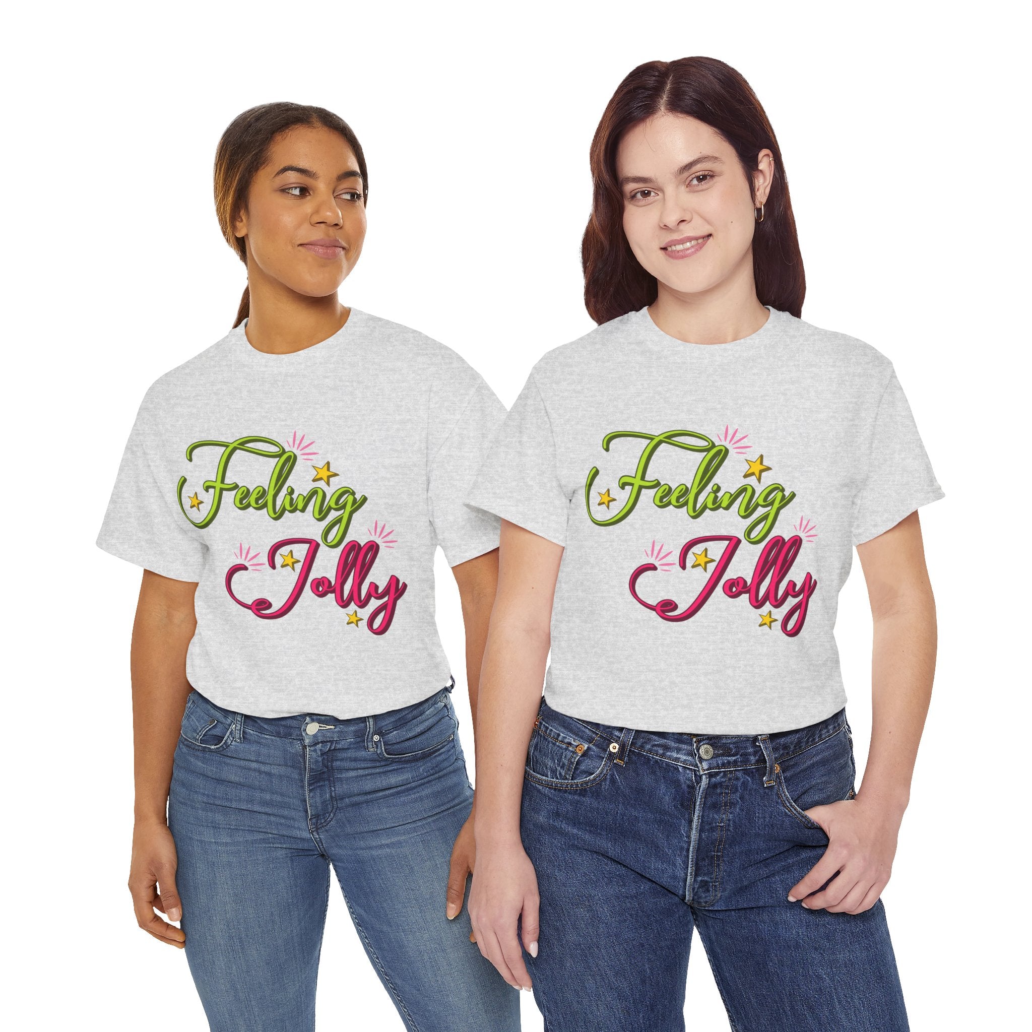 Feeling Jolly Tee — Festive Green & Pink Script with Yellow Stars Unisex Cotton Tee