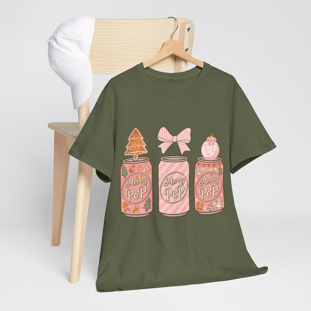 Merry Pop Christmas Soda Can Tee — Pastel Holiday Graphic Unisex Cotton T-Shirt