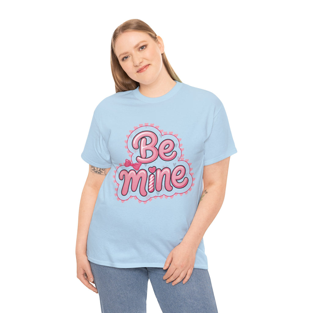 Be Mine Valentine T-Shirt — Pink Bubble Letters with Hearts & Bow..Unisex Cotton Tee