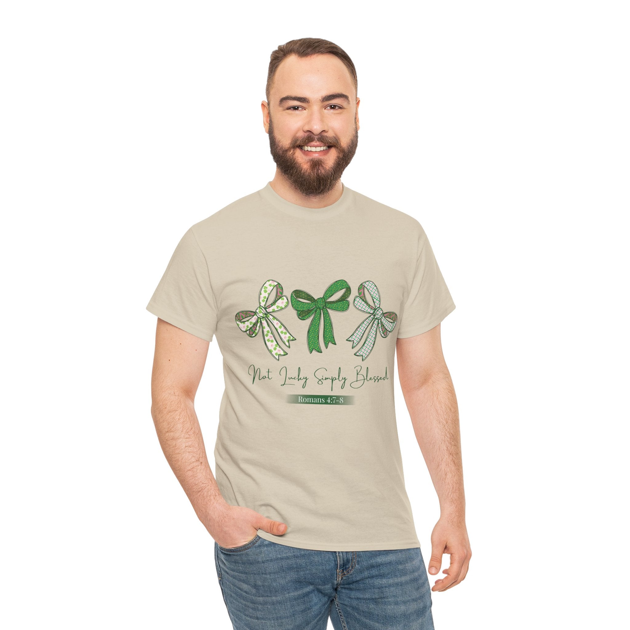 Not Lucky Simply Blessed Tee — Romans 4:7-8 Green Bow Christian Unisex Cotton T-Shirt