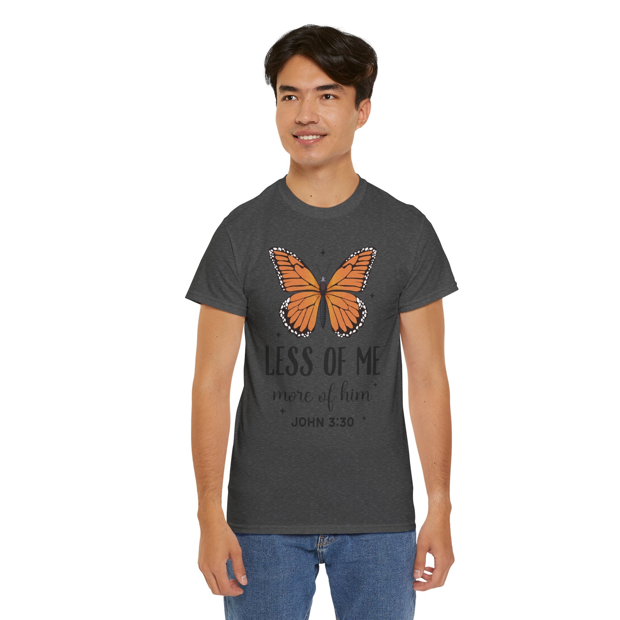 Monarch Butterfly Tee — "Less of Me, More of Him" Christian Unisex cotton T‑Shirt