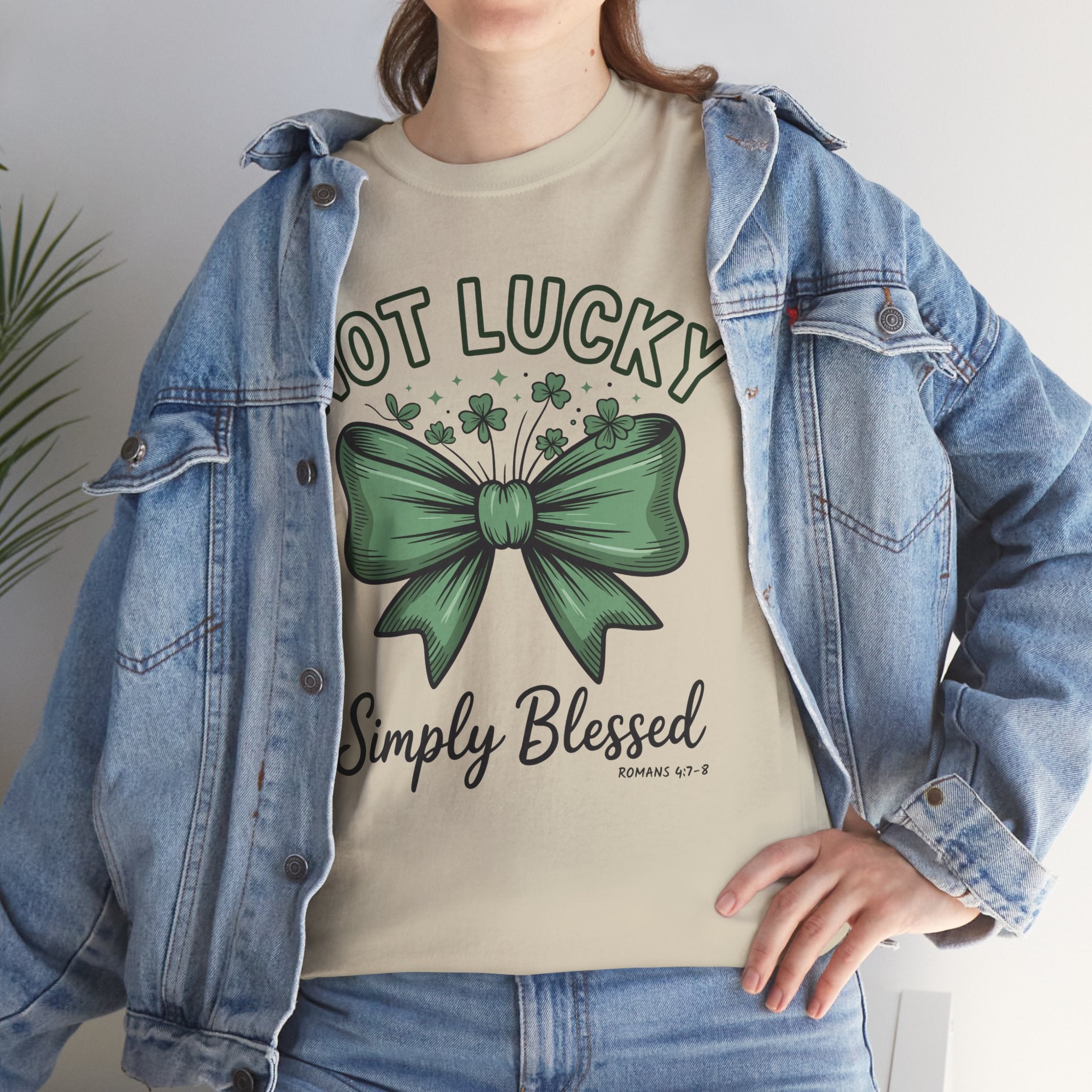 Not Lucky, Simply Blessed T-Shirt — Green Bow & Clovers St. Patrick’s Unisex Cotton Tee