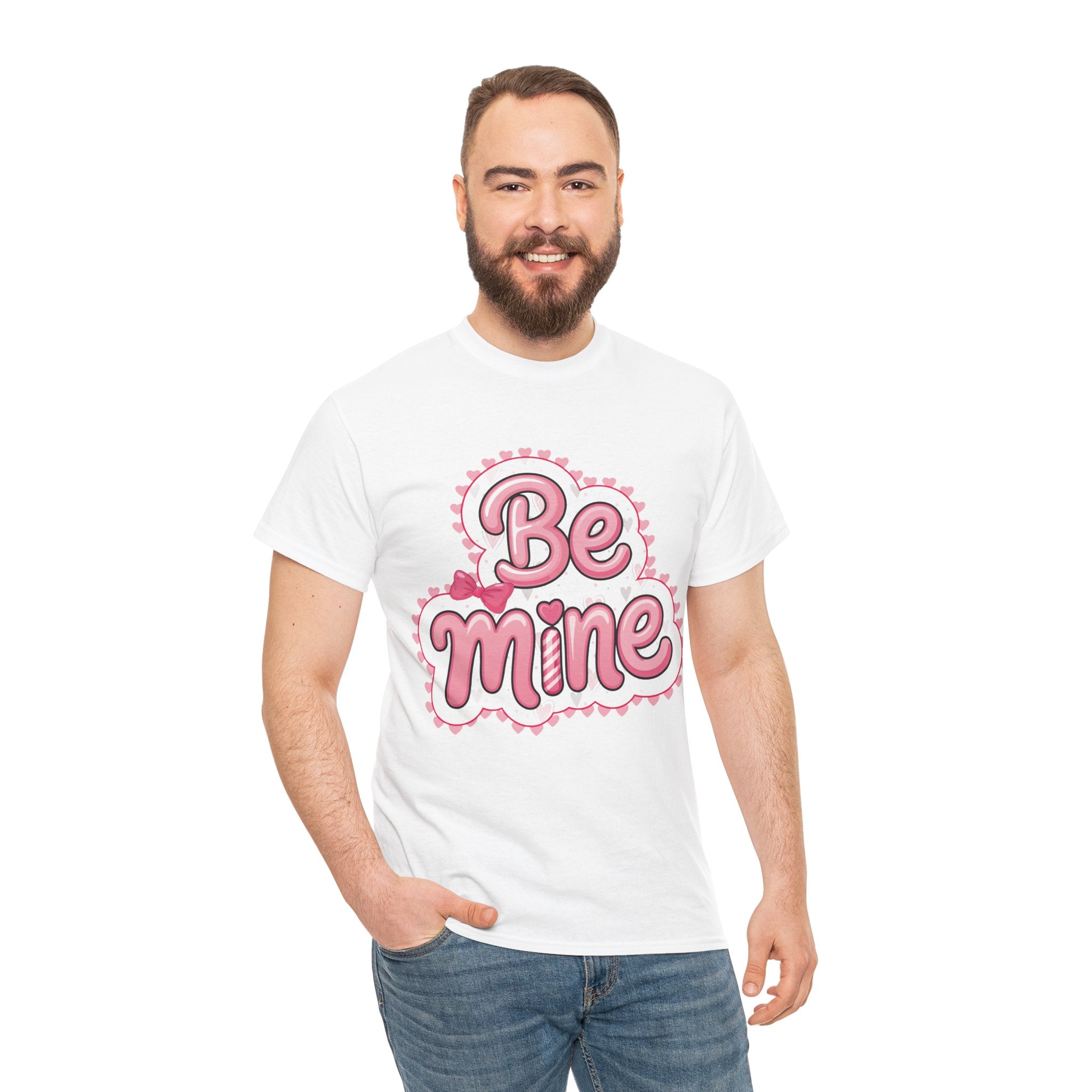 Be Mine Valentine T-Shirt — Pink Bubble Letters with Hearts & Bow..Unisex Cotton Tee