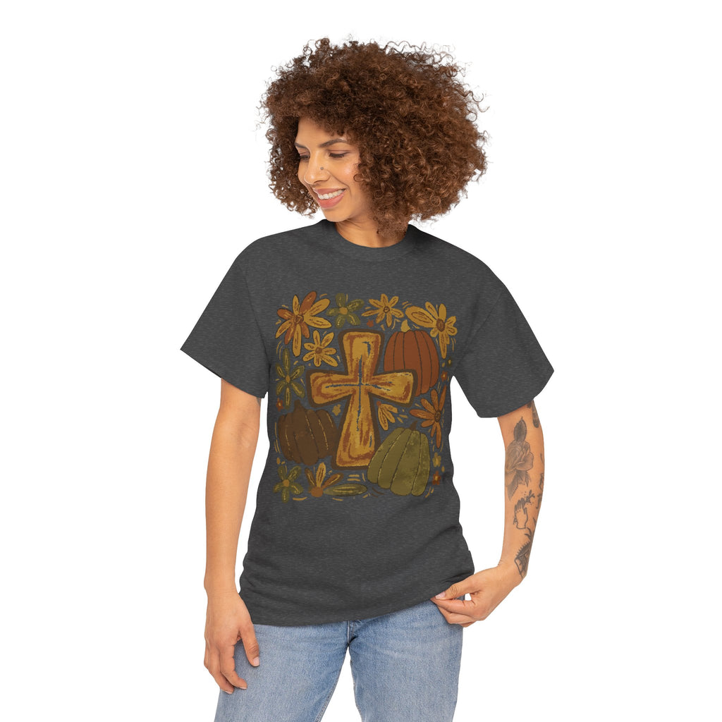 Autumn Cross Tee — Rustic Pumpkin & Fall Floral Christian Unisaex Cotton T-Shirt
