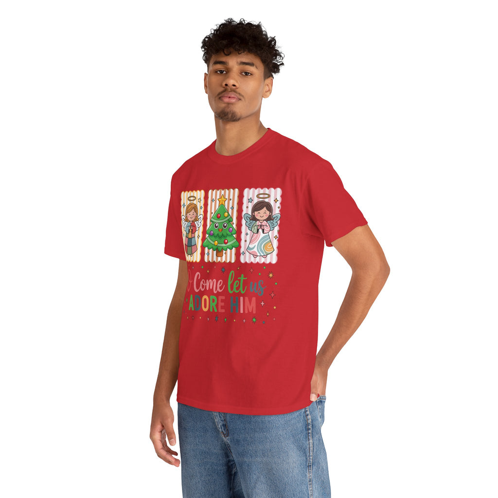 O Come Let Us Adore Him Christmas Tee — Smiling Angels & Happy Tree..Unisex Cotton Tee