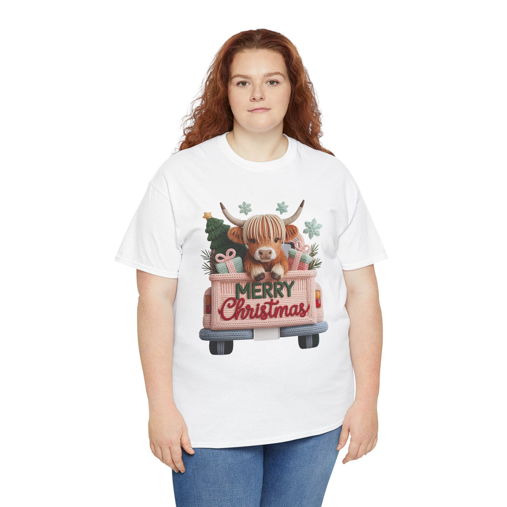 Merry Christmas Highland Cow Knit Truck Unisex Cotton T-Shirt