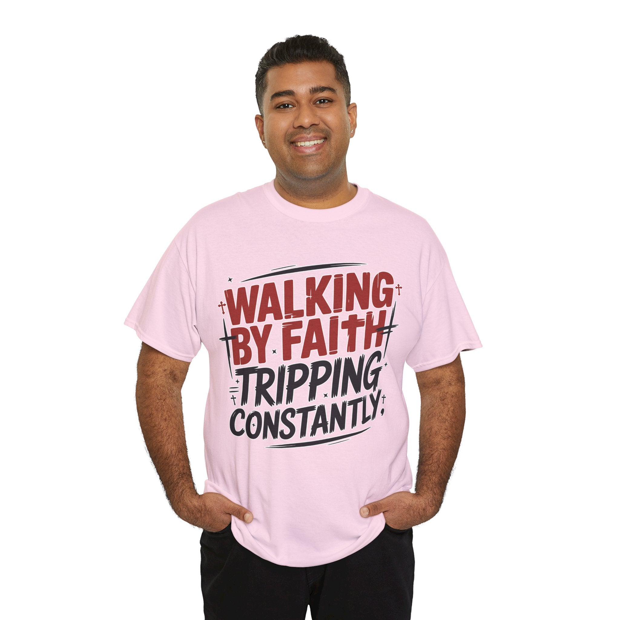 Walking by Faith, Tripping Constantly Unisex Cotton T-Shirt