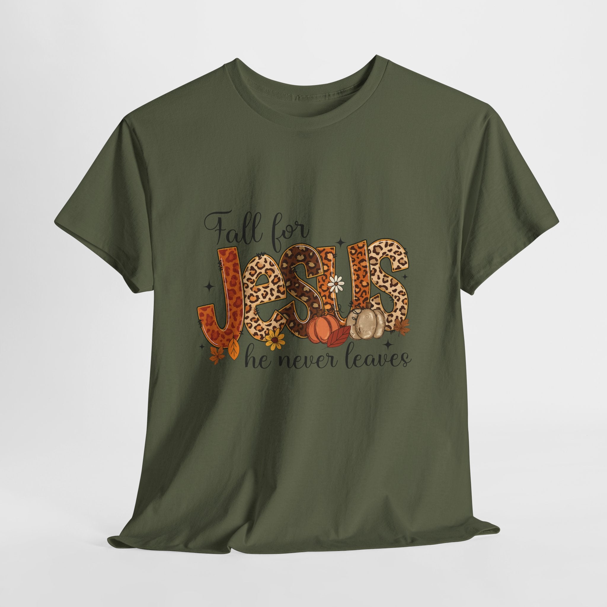 JESUS Leopard Print Fall T-Shirt — Pumpkins, Leaves & Floral Christian Unisex Cotton Tee