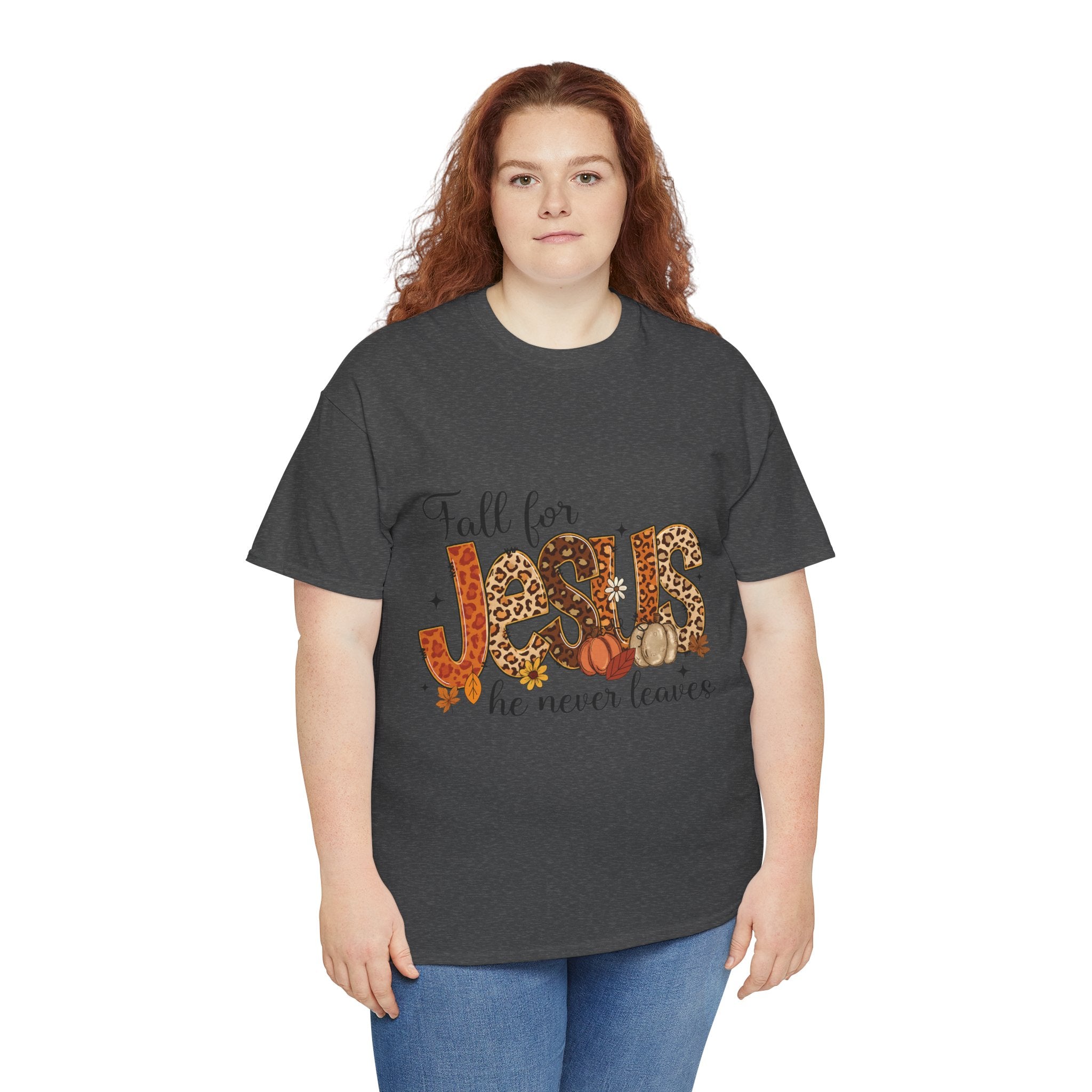 JESUS Leopard Print Fall T-Shirt — Pumpkins, Leaves & Floral Christian Unisex Cotton Tee