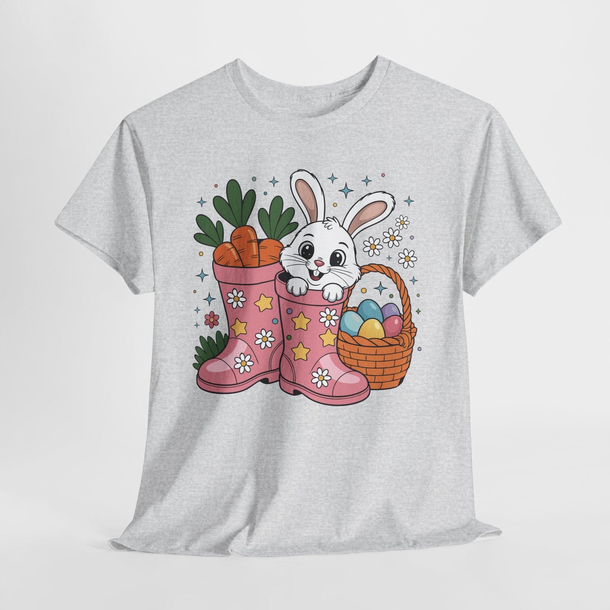 Easter Bunny in Pink Rain Boots T-Shirt — Cartoon Bunny, Carrots & Colorful Eggs Unisex Cotton Tee