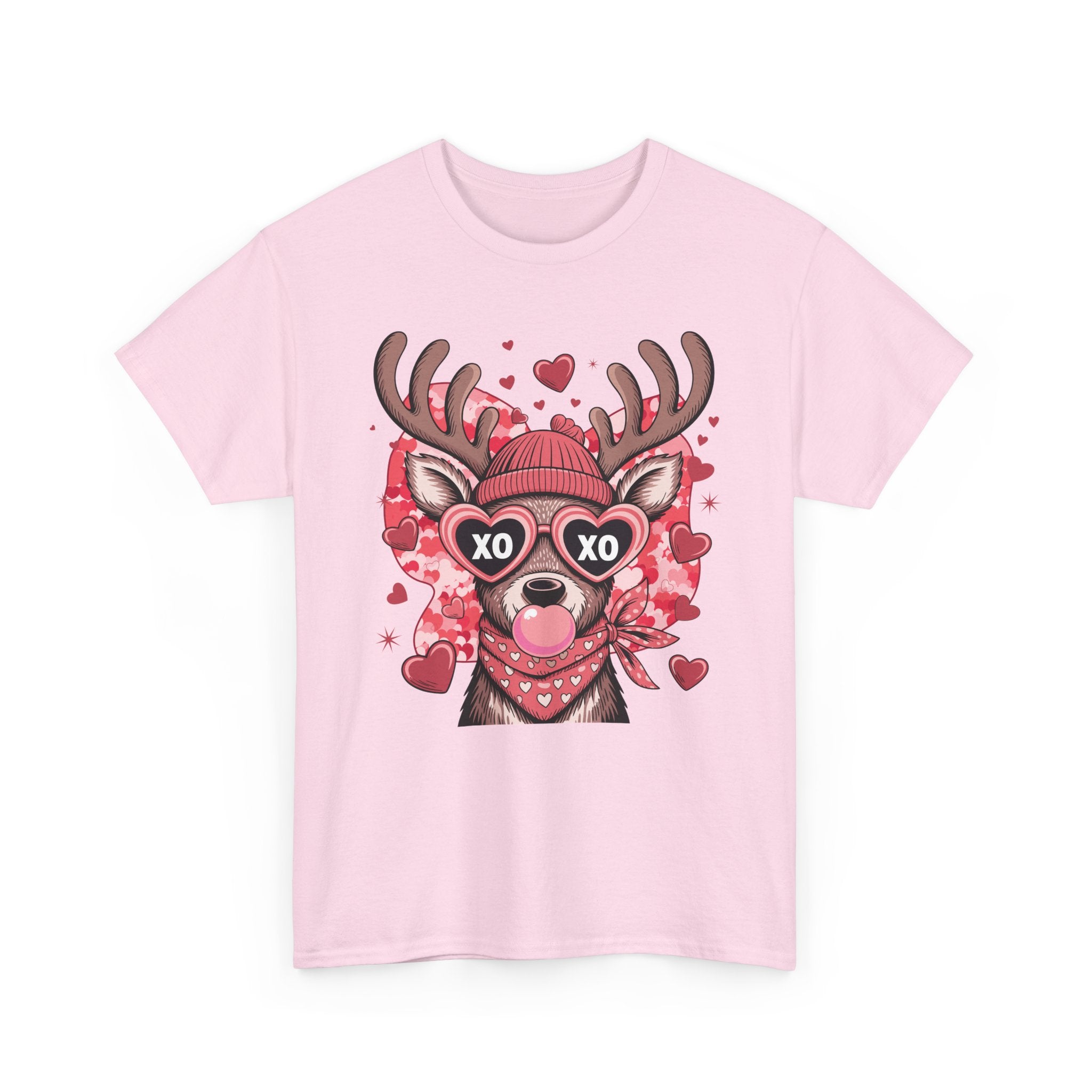 Valentine Deer Tee — Cute XO Heart Glasses, Beanie & Scarf Unisex Cotton Tshirt
