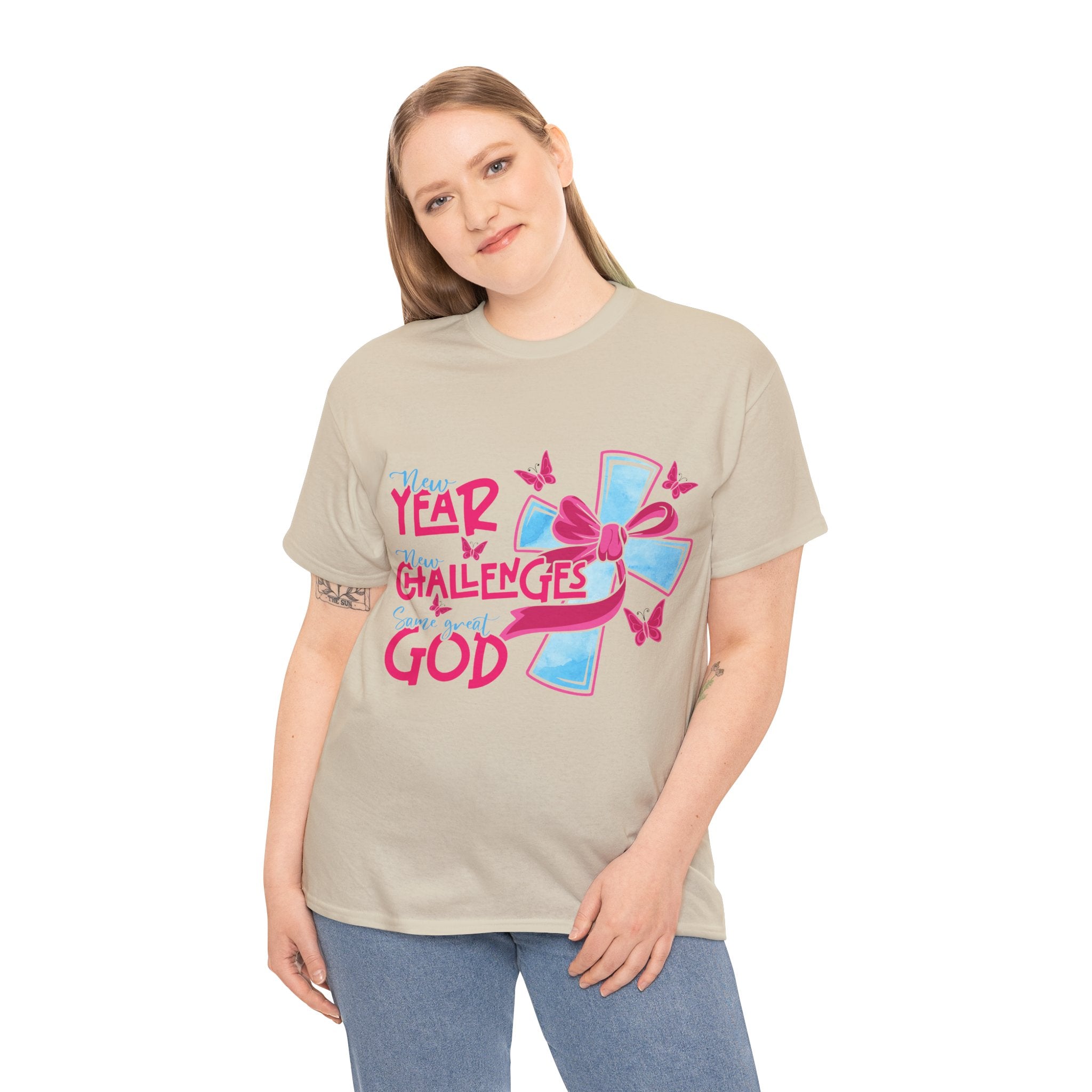 Christian T-Shirt — “New Year, New Challenges, Same Great God” with Pink Bow Cross & Butterflies. Unisex Cotton Tee