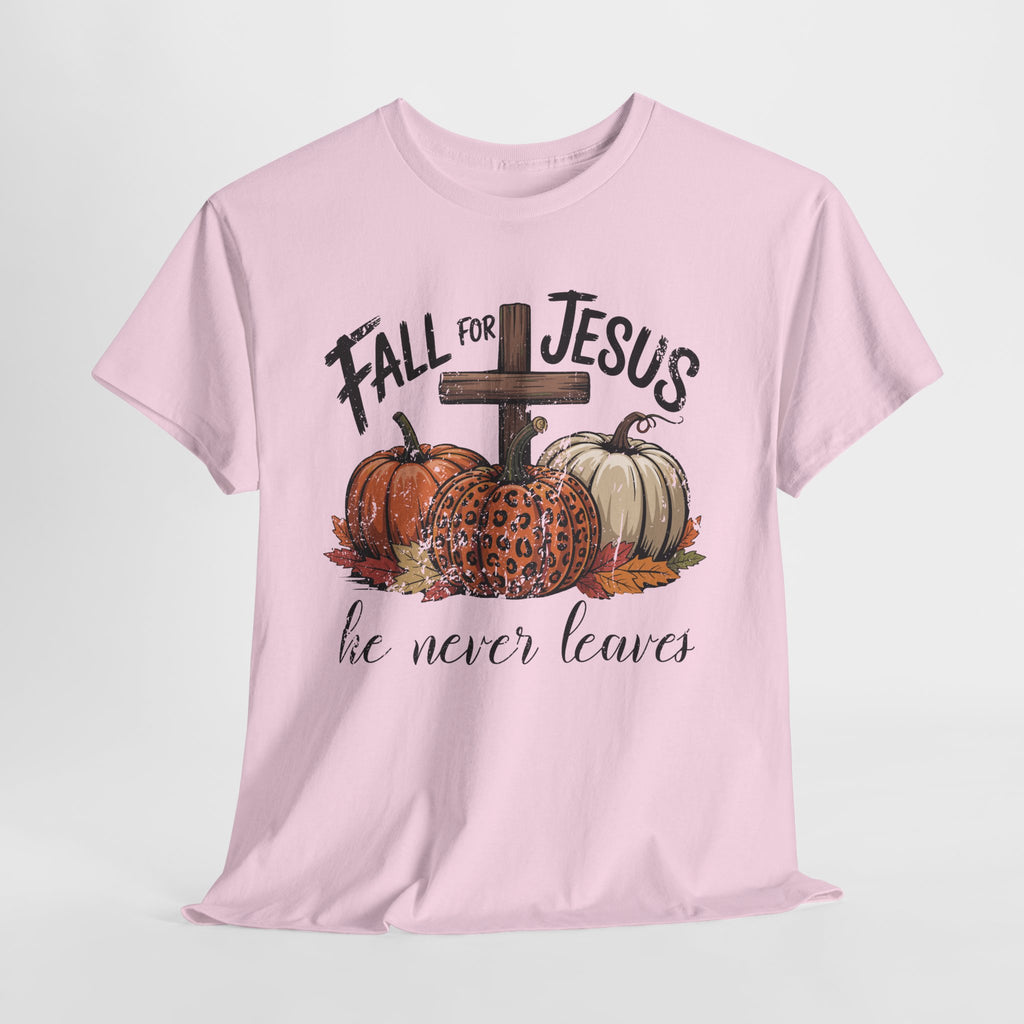 Fall for Jesus Pumpkin Cross Tee — "He Never Leaves" Autumn Christian Unisex Cotton T-Shirt
