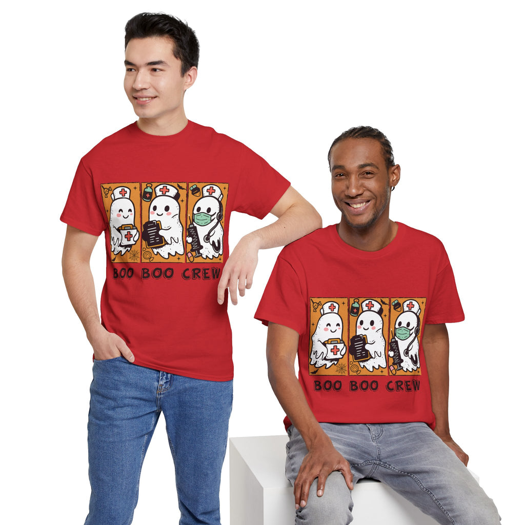 Halloween Nurse T-Shirt — Ghost Nurses Holding Medical Tools on Orange Unisec Cotton Tee