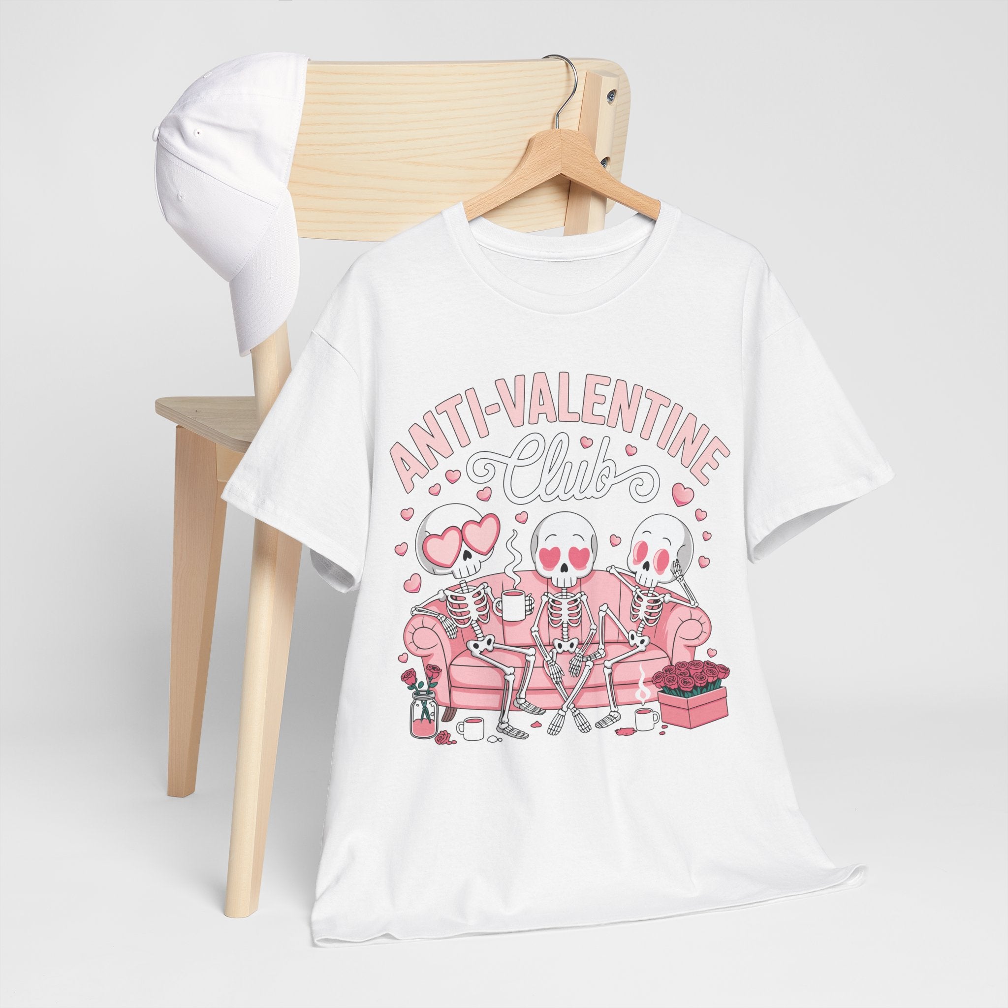 Anti-Valentine Club Skeleton Tee — Anti-Romance Pink Couch Graphic Unisex Cotton T-Shirt