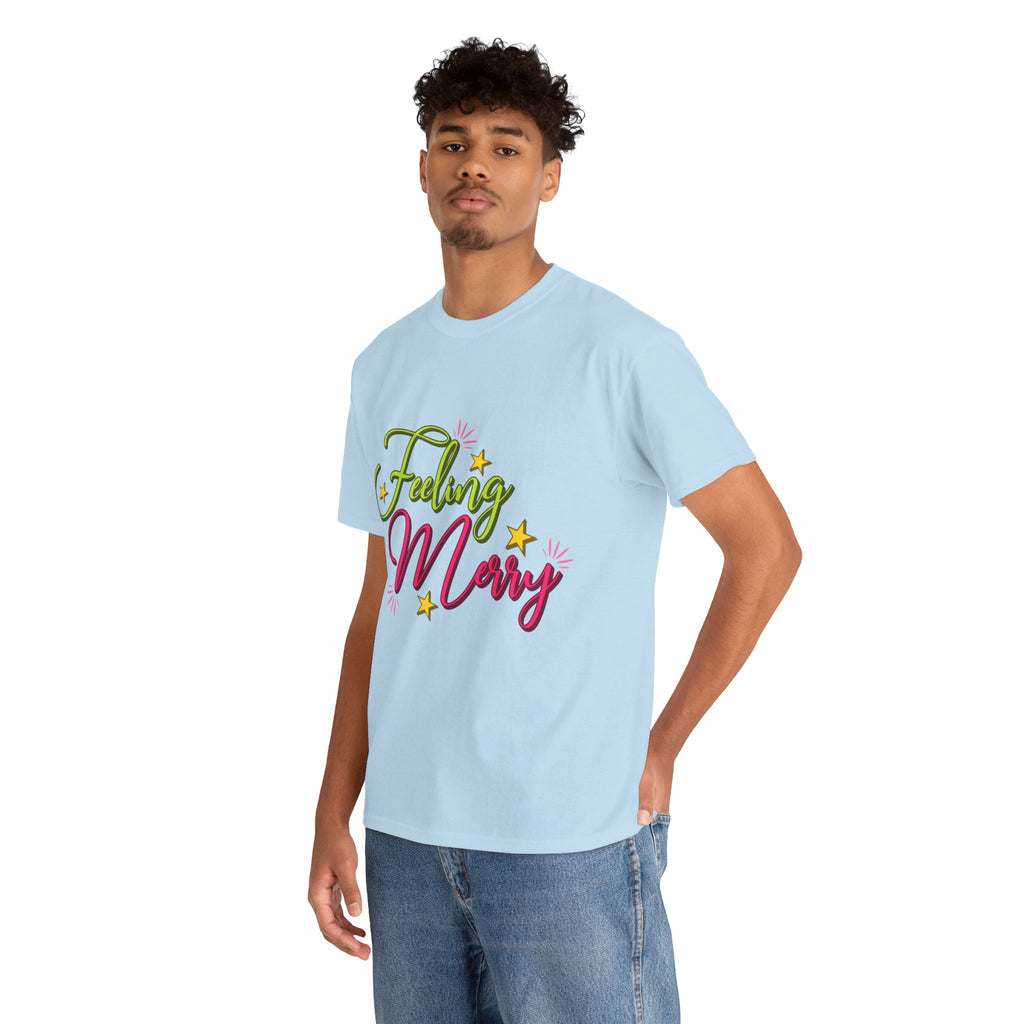 Feeling Merry T-Shirt — Bright Green & Pink Holiday Tee with Stars.Unisex Cotton Tee