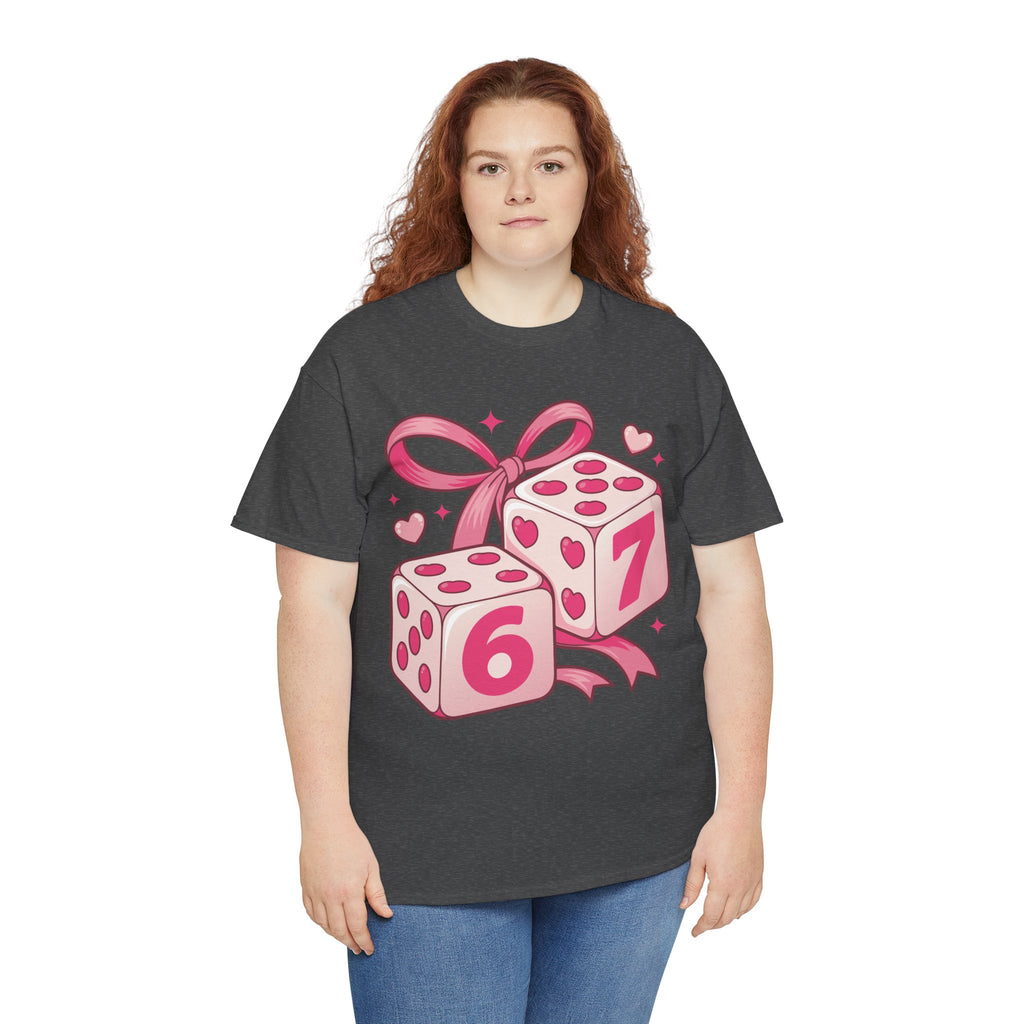 Lucky Love Dice T-Shirt — Pink Heart Dice with Bow..Unisex Cotton Tee