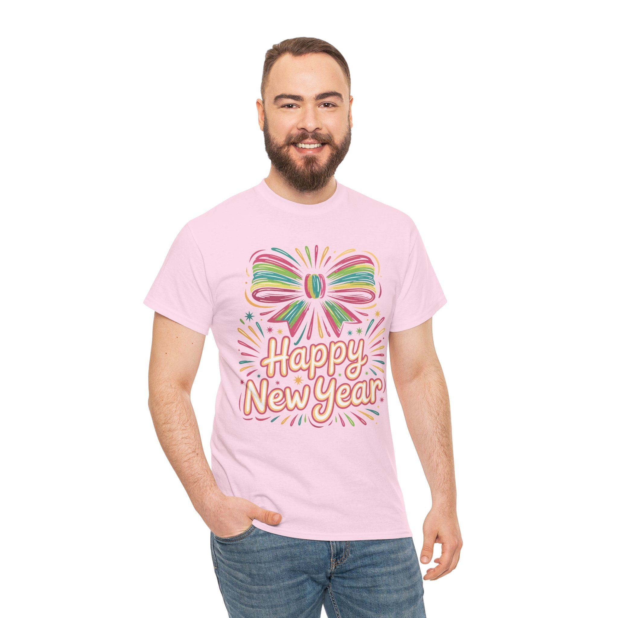 Happy New Year Pastel Tee — Rainbow Bow & Fireworks Celebration Unisex Cotton Tshirt