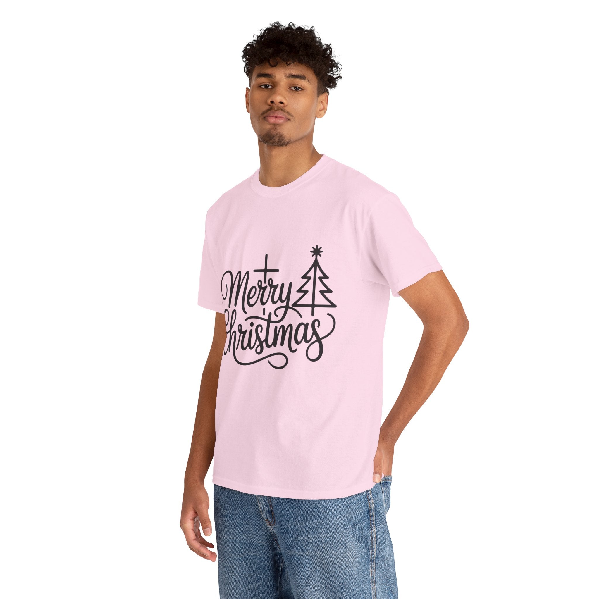 Merry Christmas Script T-Shirt with Cross & Tree(Unisex Cotton Tee)