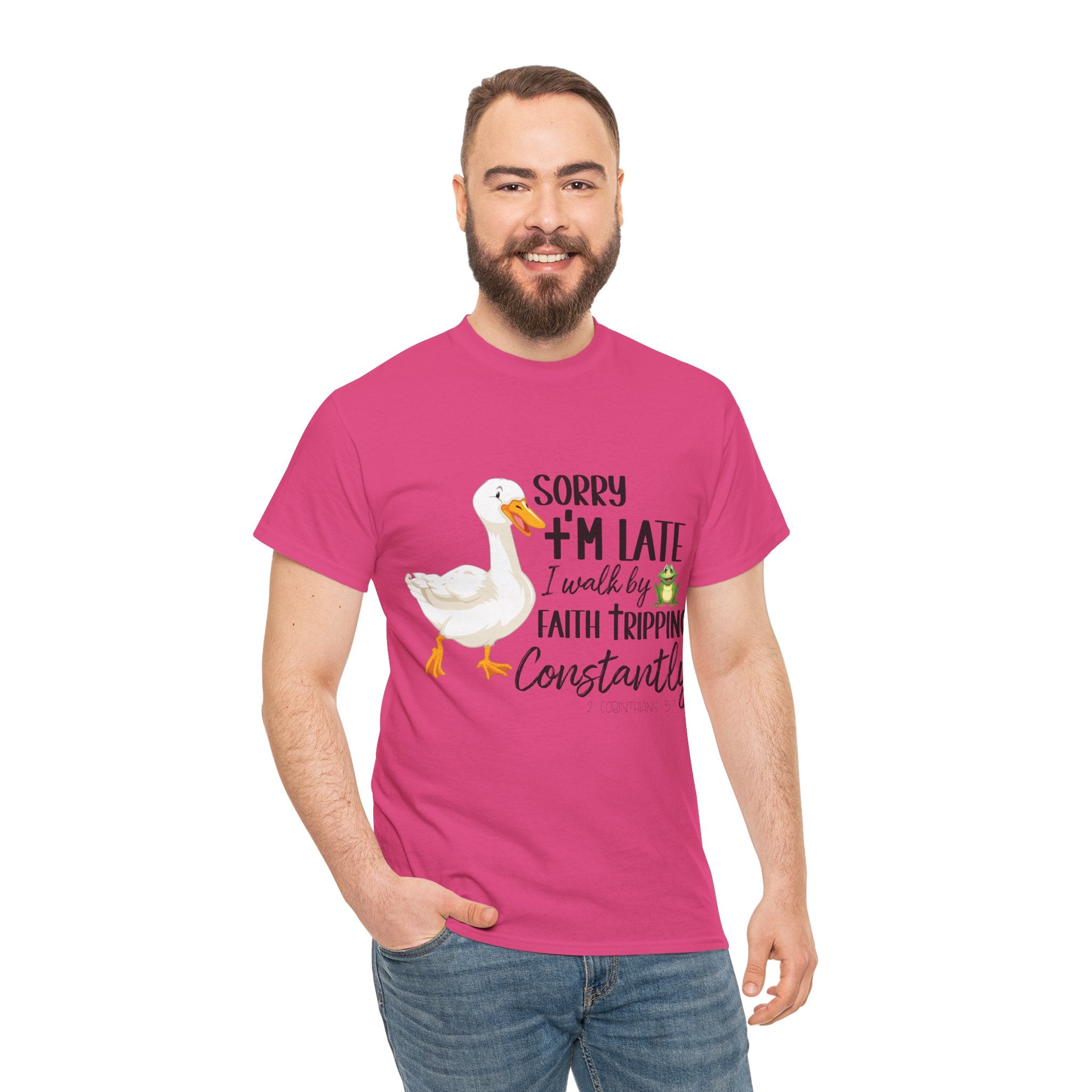 Christian Humor T-Shirt — “Sorry I’m Late, I Walk by Faith Tripping Constantly” (Duck & Frog). Unisex Cotton Tee