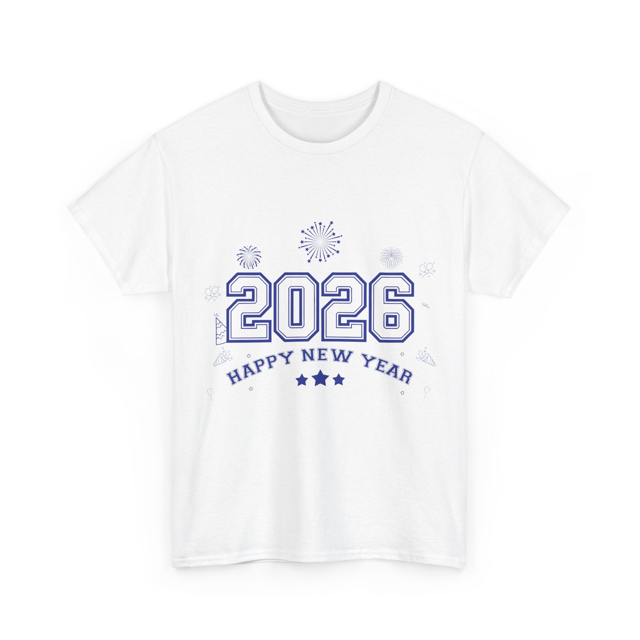 Happy New Year 2026 Varsity Tee — Fireworks & Confetti Celebration Unisex Cotton Tee
