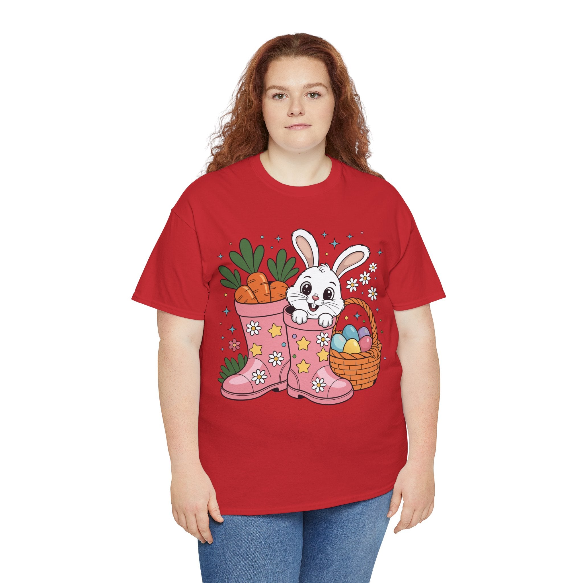 Easter Bunny in Pink Rain Boots T-Shirt — Cartoon Bunny, Carrots & Colorful Eggs Unisex Cotton Tee