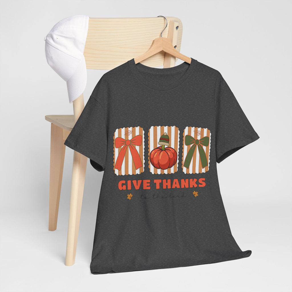 Give Thanks Thanksgiving T-Shirt — Pumpkin with Hat & Bows Unisex Cotton Tee