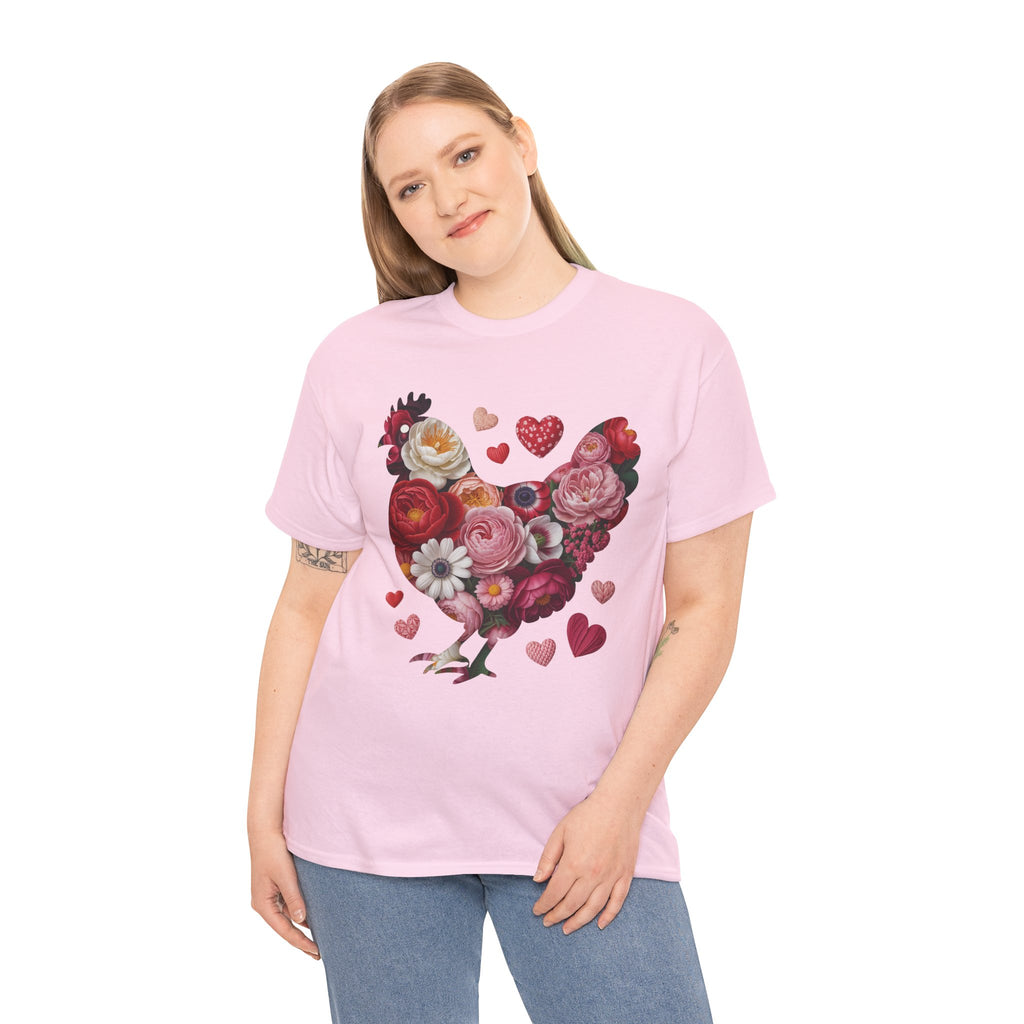 Floral Chicken Heart Tee — Red & Pink Flower Silhouette Unisex Cotton Tee