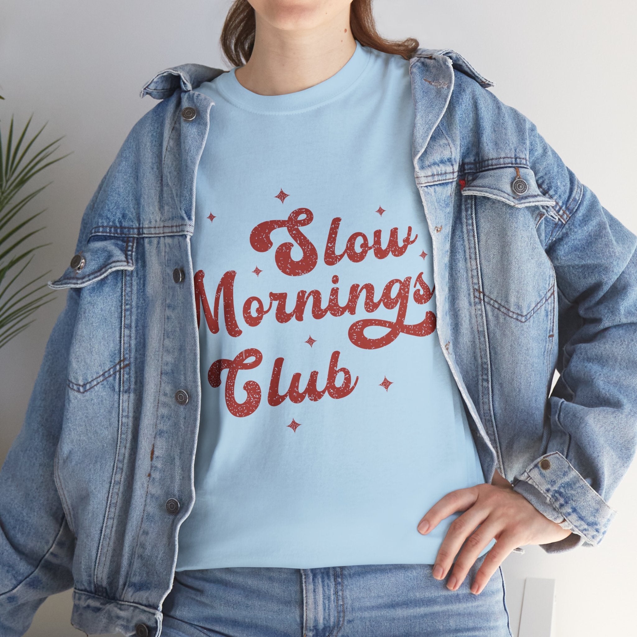 Slow Mornings Club T-Shirt — Retro Red Sparkle Unisex Cotton Tee