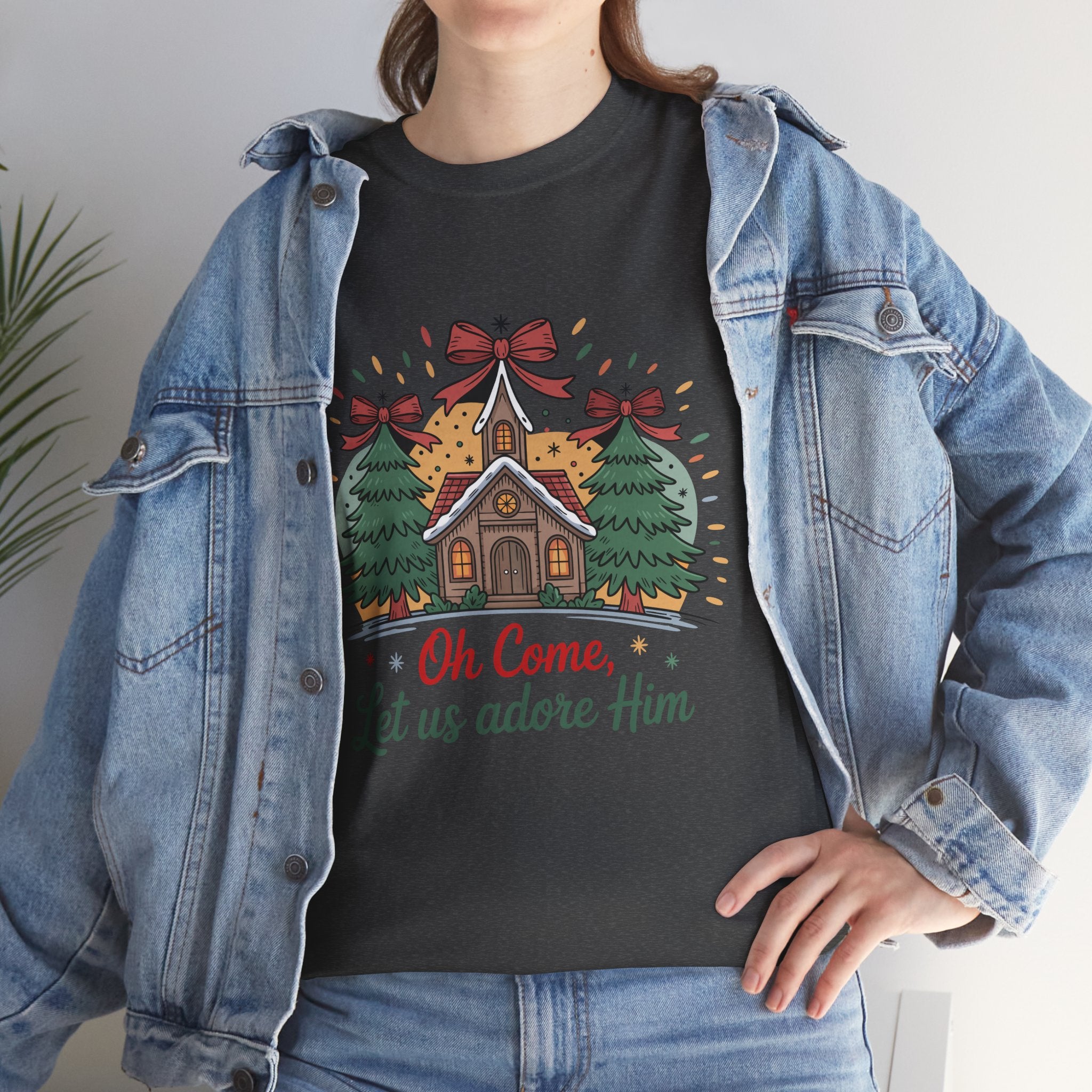 Oh Come Let Us Adore Him Christmas Tee — Church & Trees Holiday Unisex Cotton Tshirt
