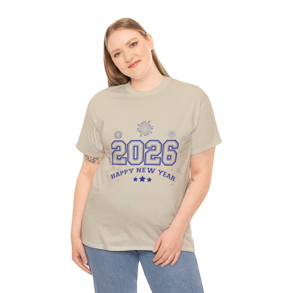 Happy New Year 2026 Varsity Tee — Fireworks & Confetti Celebration Unisex Cotton Tee
