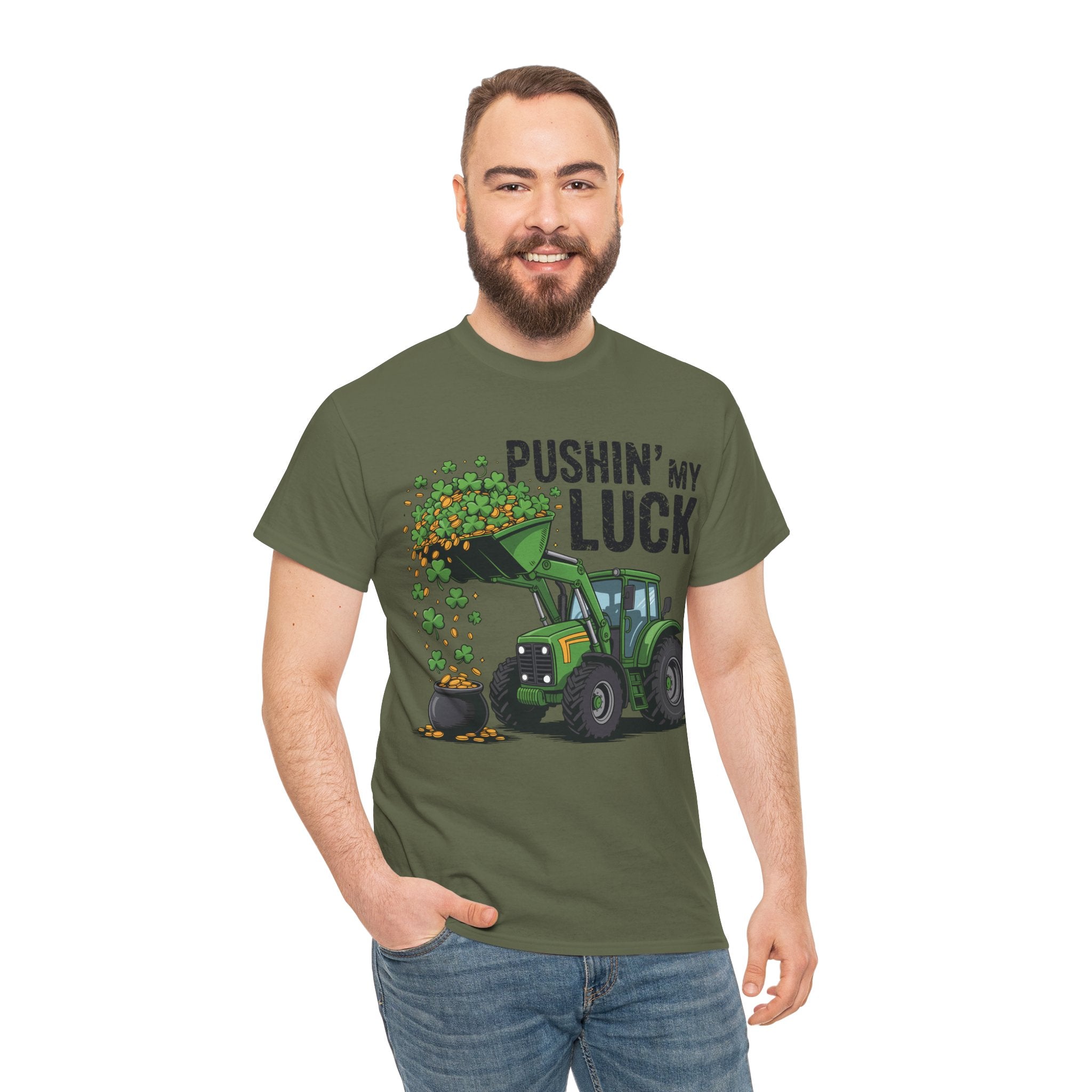 Pushin' My Luck Shamrock Tractor Tee — St. Patrick's Day Unisex Cotton T-Shirt