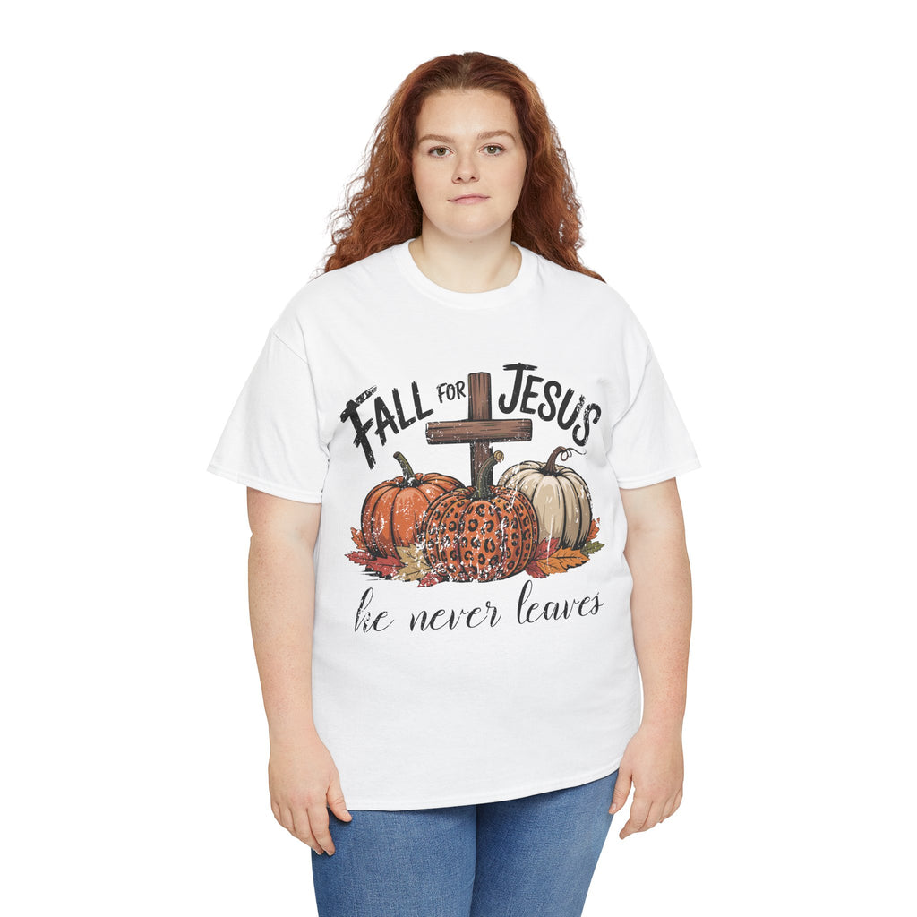 Fall for Jesus Pumpkin Cross Tee — "He Never Leaves" Autumn Christian Unisex Cotton T-Shirt