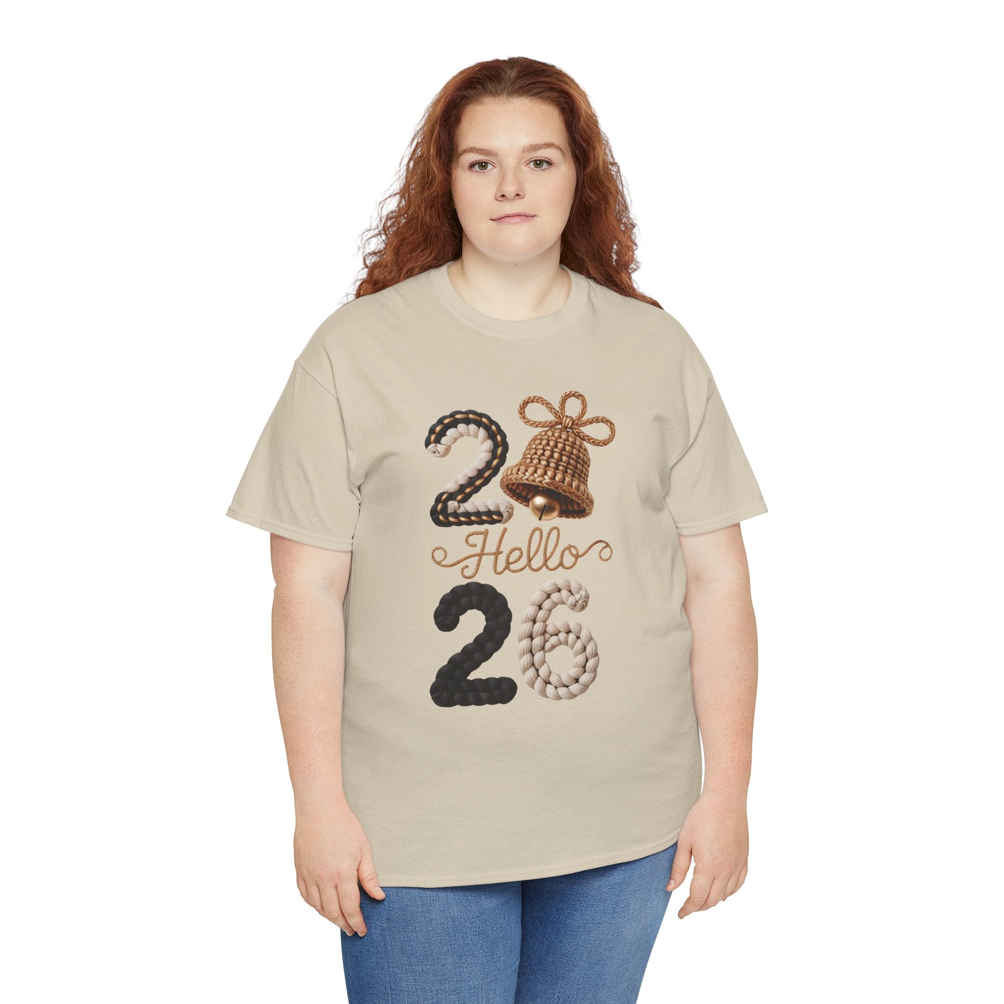 Hello 2026 Tee — Cozy Faux Yarn Braided Numbers with Woven Golden Bell..Unisex Cotton Tee