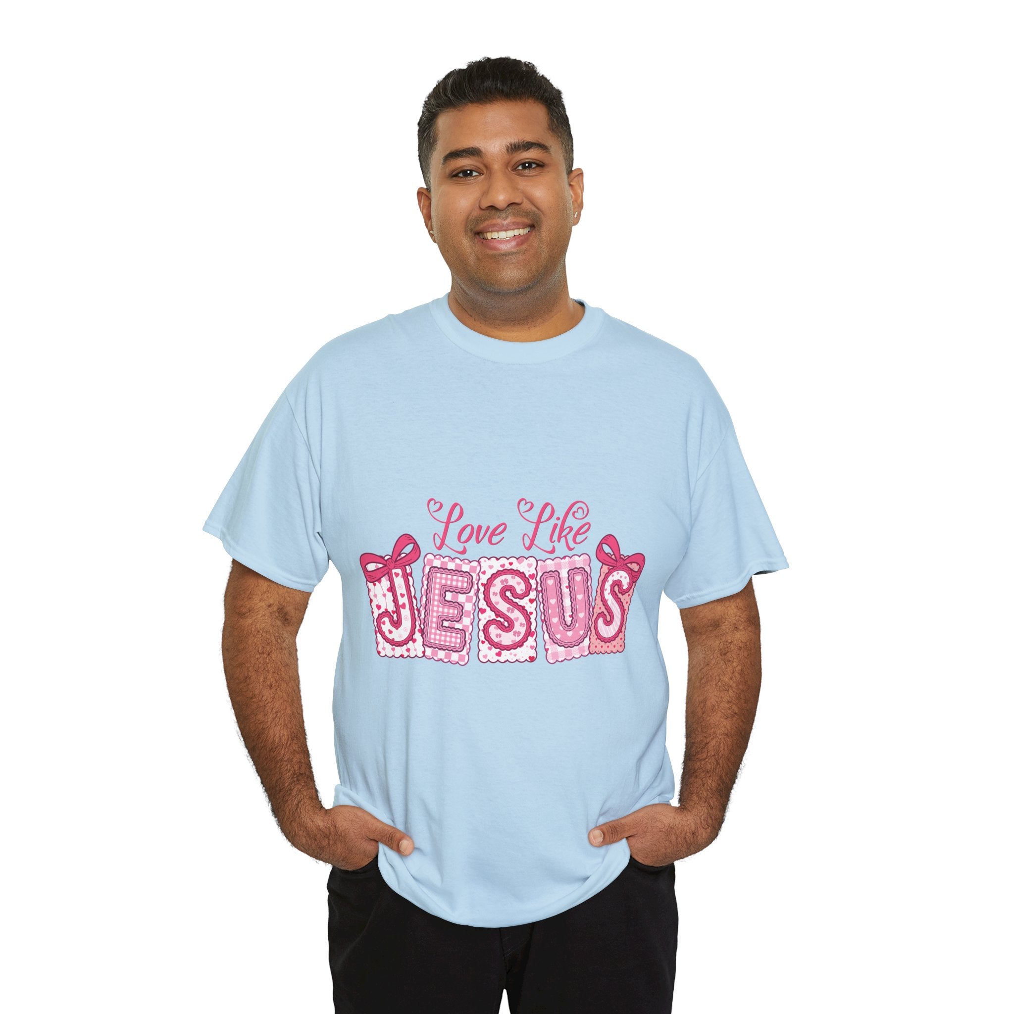 Love Like Jesus Patchwork Tee — Pink Stitched Heart Graphic.Unisex Cotton Tee