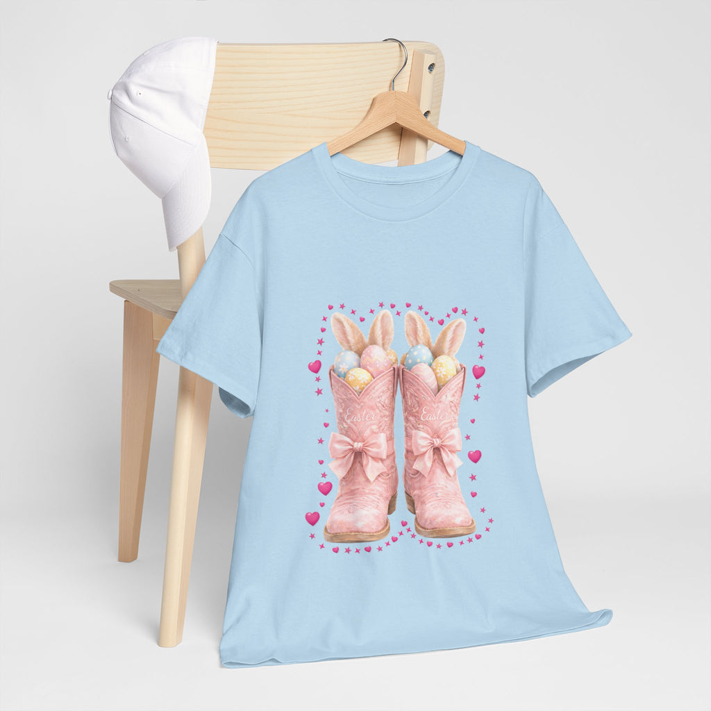 Easter Pink Western Boots Tee — Pastel Bunny Eggs & Bows Unisex Cotton Tee