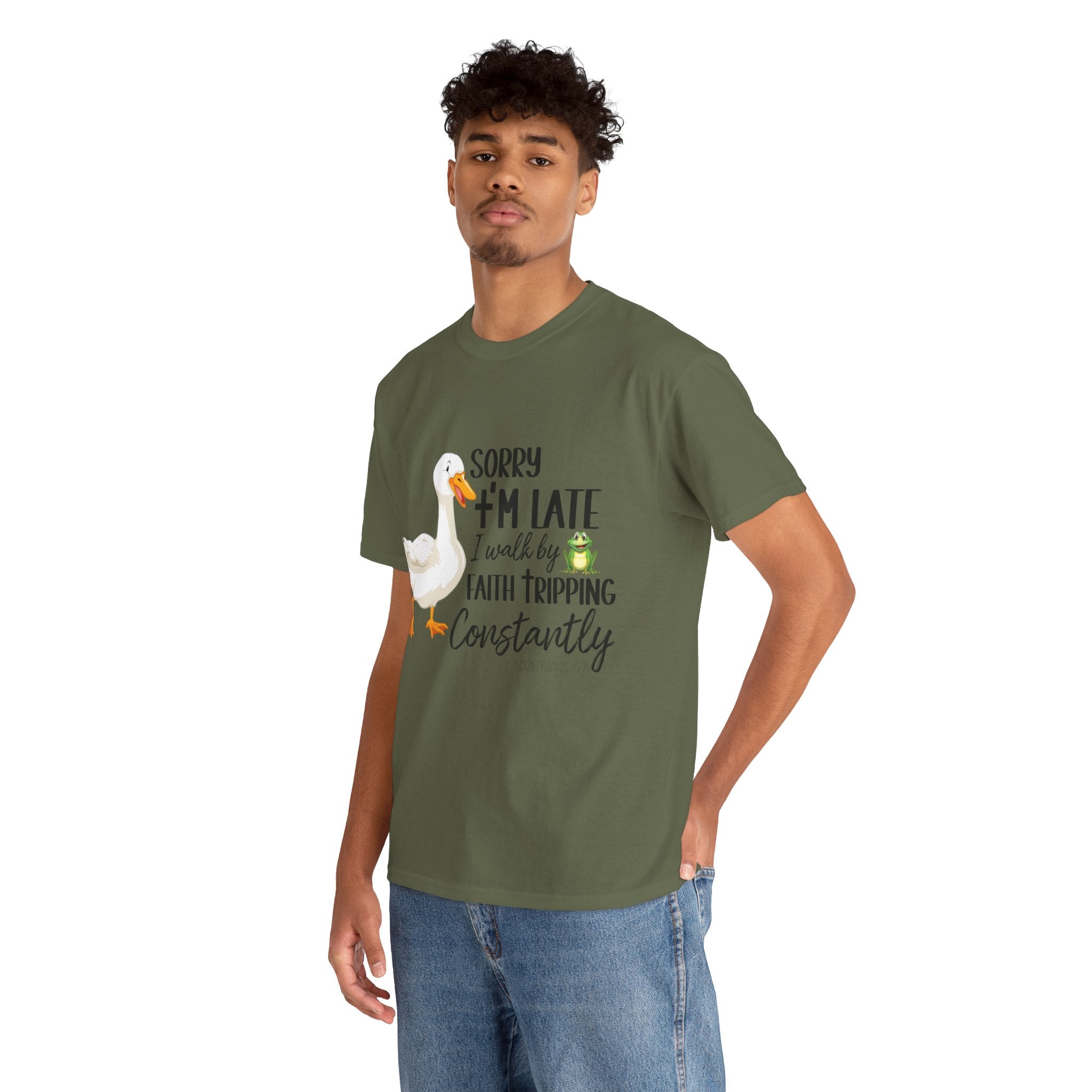 Christian Humor T-Shirt — “Sorry I’m Late, I Walk by Faith Tripping Constantly” (Duck & Frog). Unisex Cotton Tee