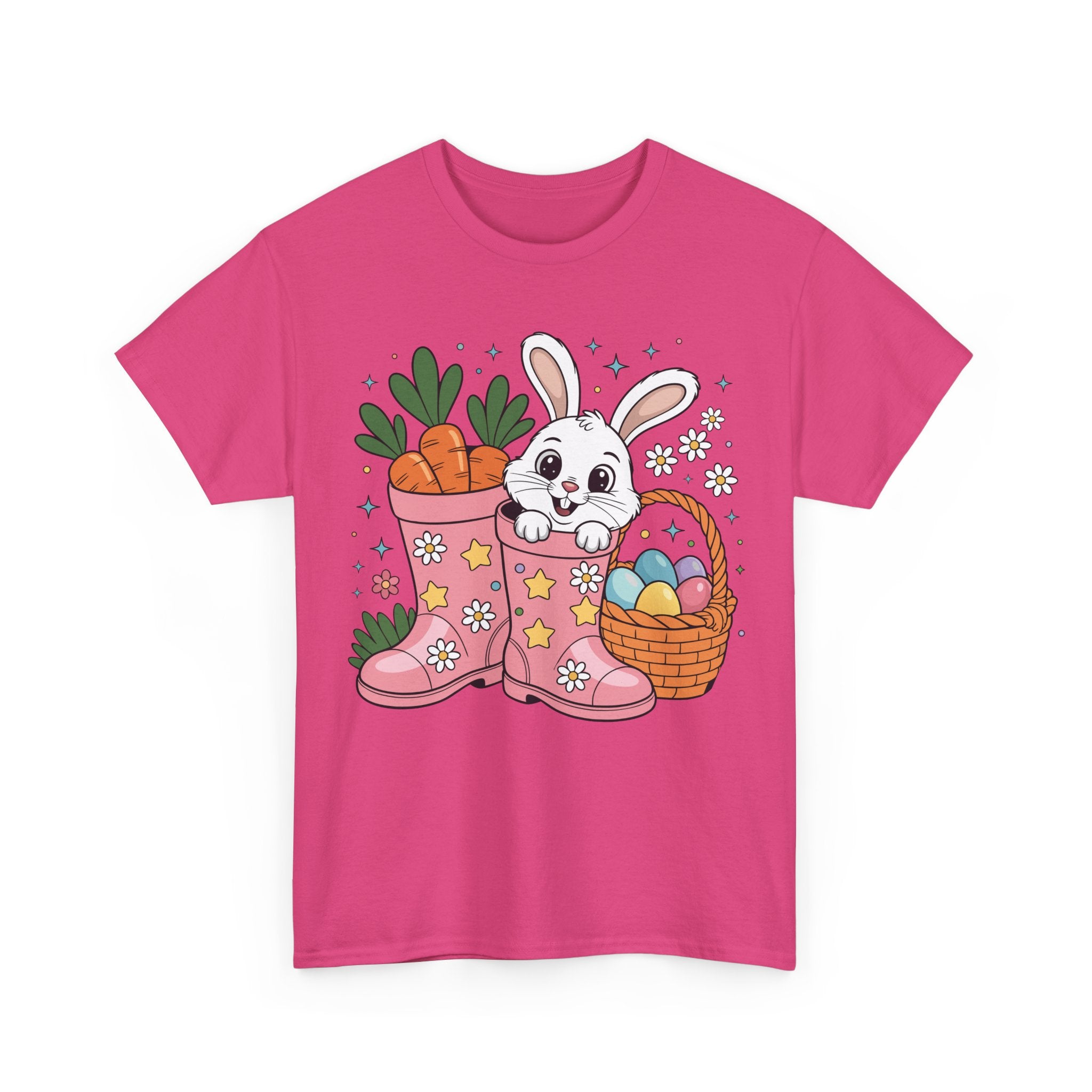 Easter Bunny in Pink Rain Boots T-Shirt — Cartoon Bunny, Carrots & Colorful Eggs Unisex Cotton Tee
