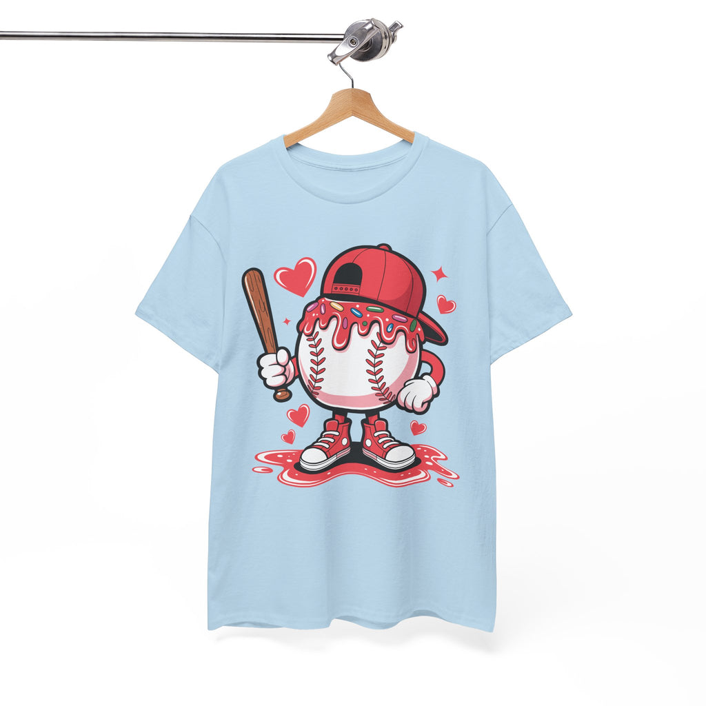 Cute Baseball Character T-Shirt — Red Cap & Icing Top Graphic with Hearts Unisex Cotton Tee