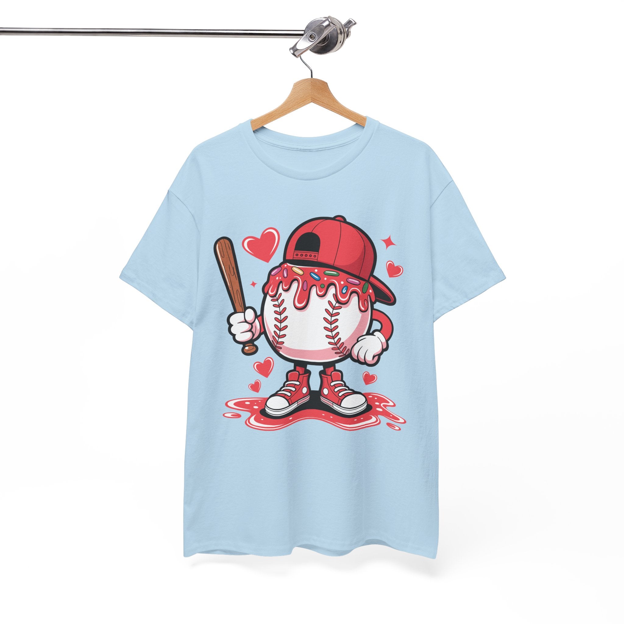 Cute Baseball Character T-Shirt — Red Cap & Icing Top Graphic with Hearts Unisex Cotton Tee
