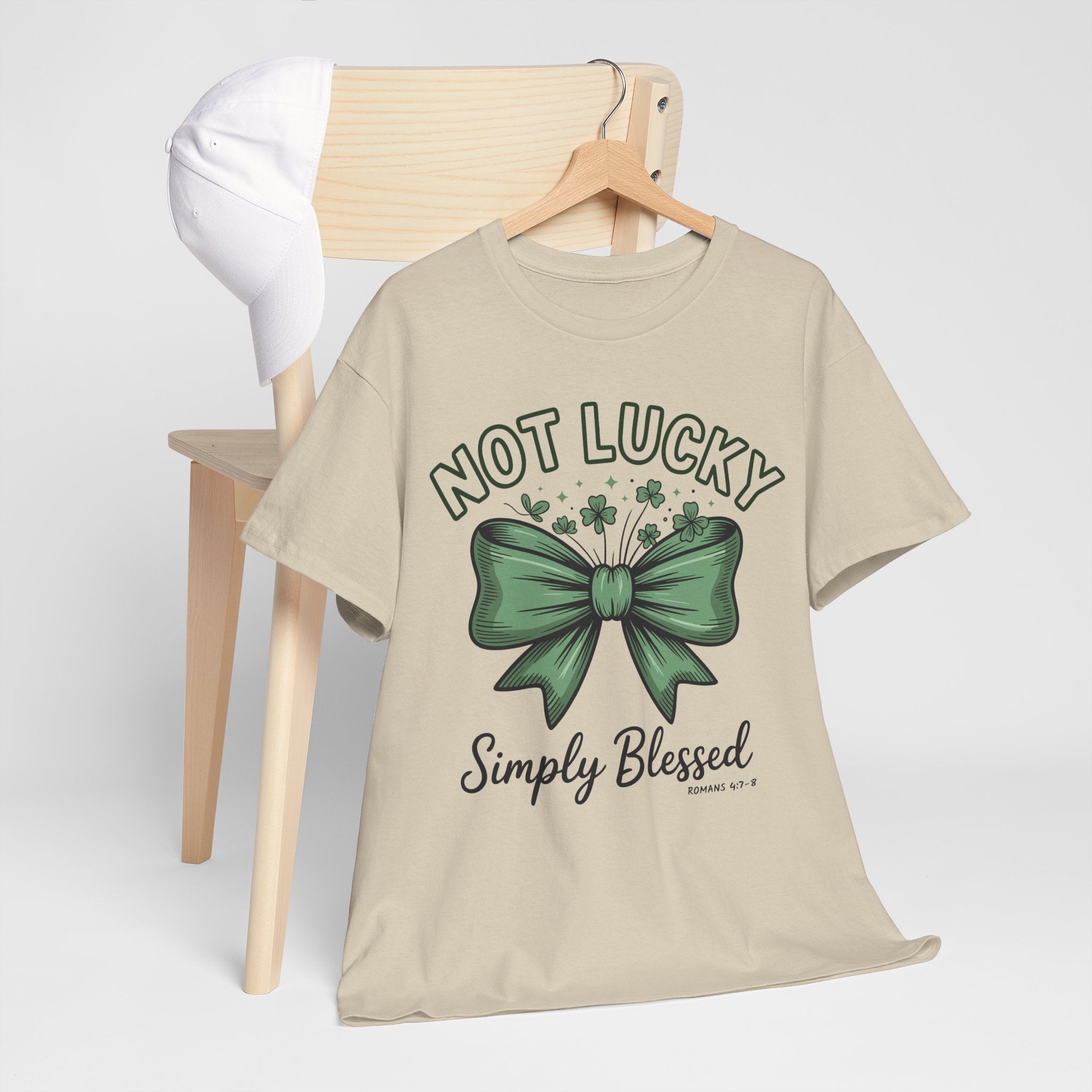 Not Lucky, Simply Blessed T-Shirt — Green Bow & Clovers St. Patrick’s Unisex Cotton Tee