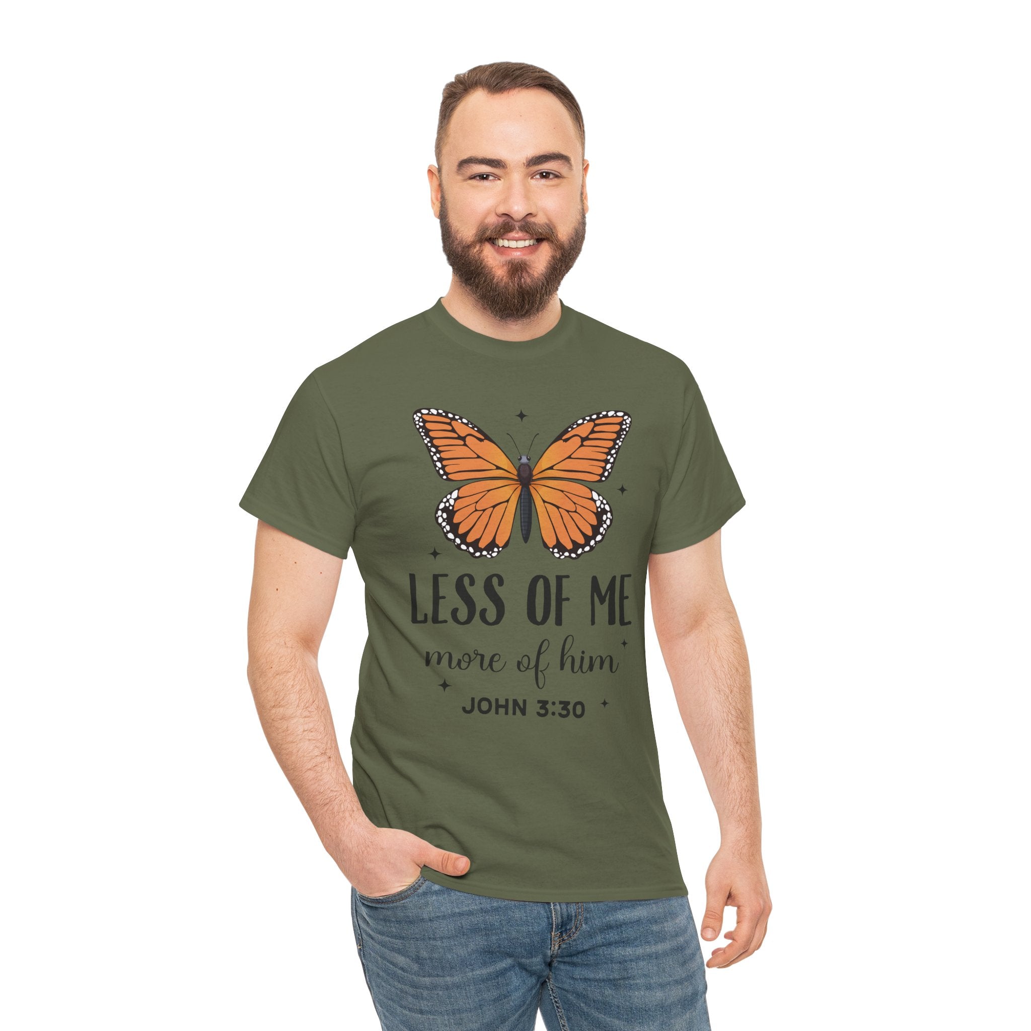 Monarch Butterfly Tee — "Less of Me, More of Him" Christian Unisex cotton T‑Shirt